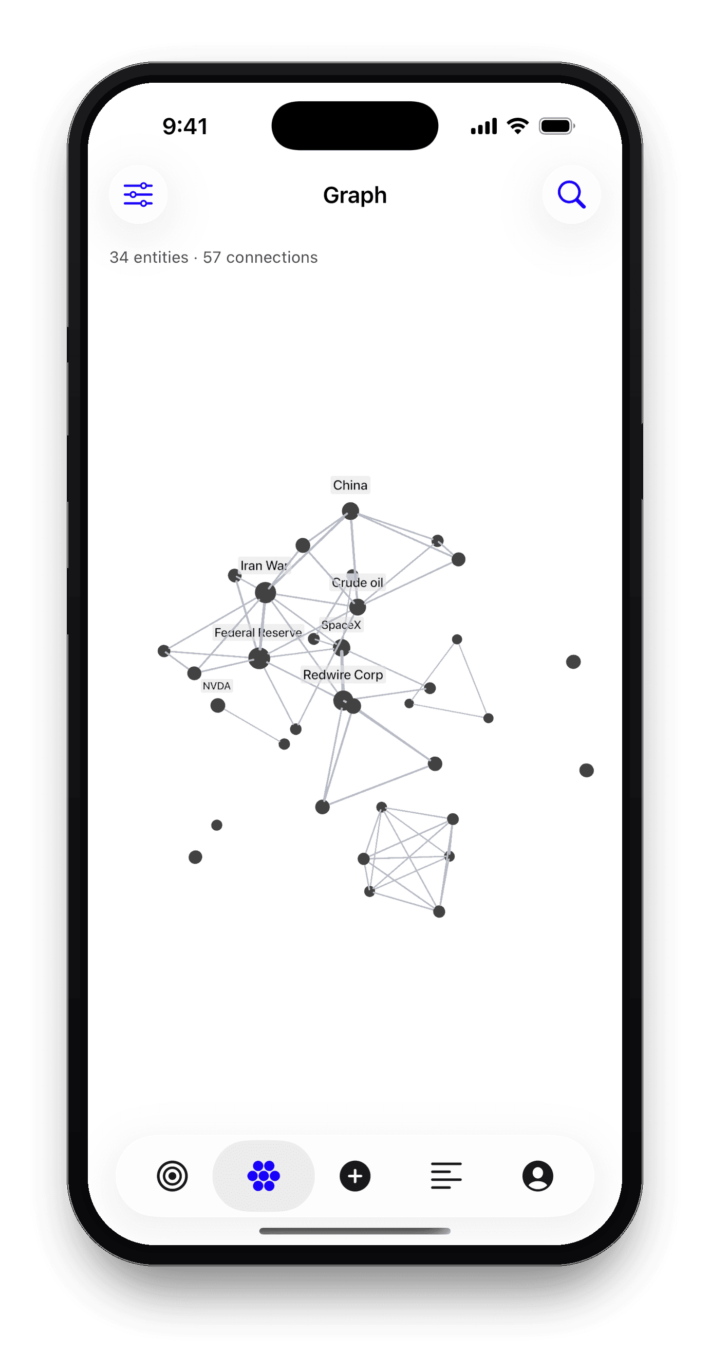 Thesient entity graph showing how tracked entities connect through your ideas