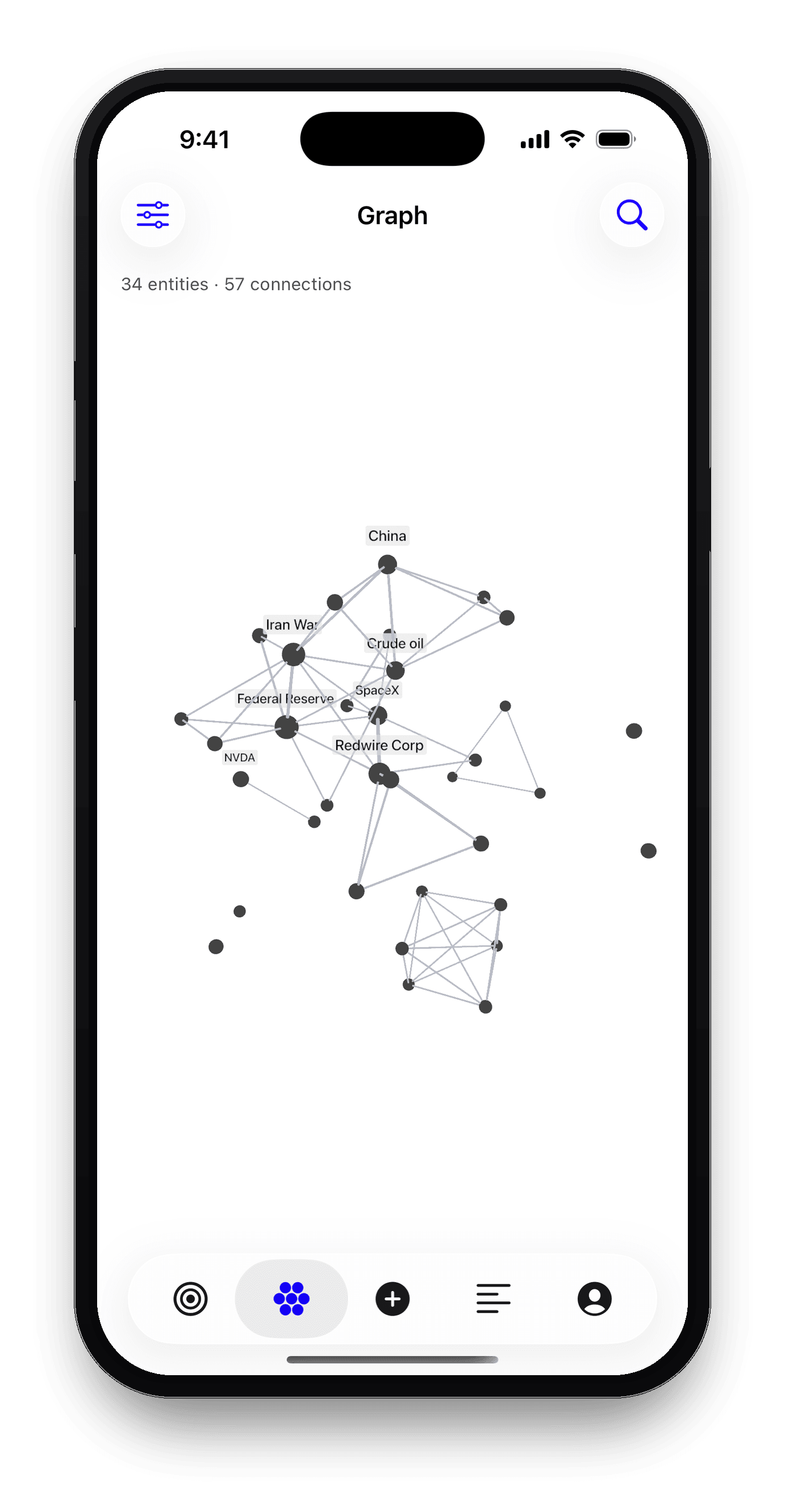 Thesient entity graph showing how tracked entities connect through your ideas