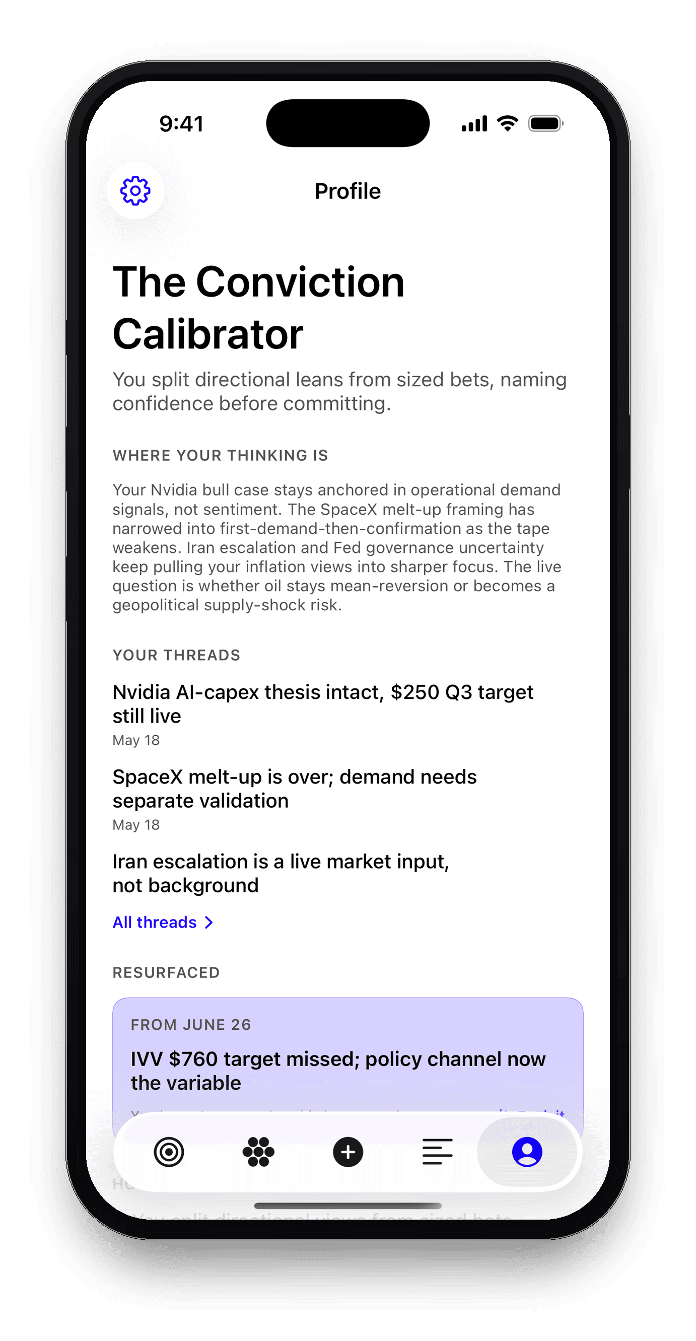 Thesient profile with conviction summary, threads, and resurfaced calls